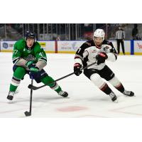 Seattle Thunderbirds' Cameron Kuzma and Vancouver Giants' Ty Halaburda in action