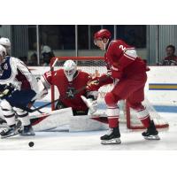 Allen Americans defenseman Quinn Warmuth (right) vs. the Tulsa Oilers