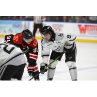 Rapid City Rush forward Blake Bennett (left) faces off with the Idaho Steelheads