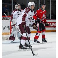 Peterborough Petes defenceman James Petrovski and goaltender Easton Rye vs. the Niagara IceDogs