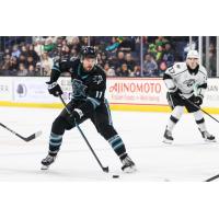 San Jose Barracuda's Yegor Afanasyev and Ontario Reign's Kenny Connors on the ice