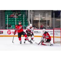 Belleville Senators centre Jan Jeník (center) vs. the Utica Comets