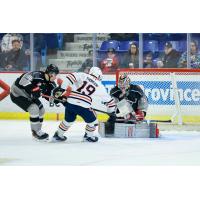 Vancouver Giants goaltender Burke Hood makes a stop against the Kamloops Blazers