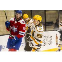 Wheeling Nailers forward Tanner Andrew (right) vs. the Trois-Rivières Lions