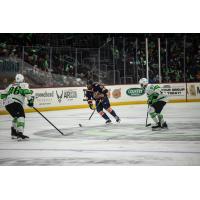 Greenville Swamp Rabbits forward Dante Sheriff (center) vs. the Savannah Ghost Pirates